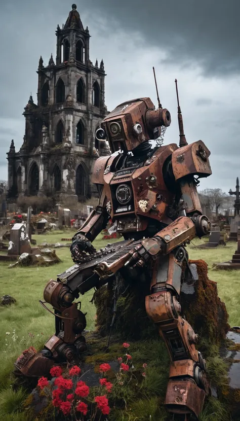 A photo of a rusted old mech sitting on a rock in a wasteland. The mech is wearing tattered armor and is playing a guitar. The background contains a gothic church, a cemetery, and a gloomy skyline with a blood-red moon. The ground is covered with moss and ...