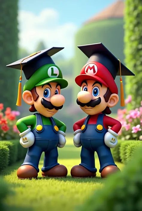 Luigi and Mario wearing garden graduate hats