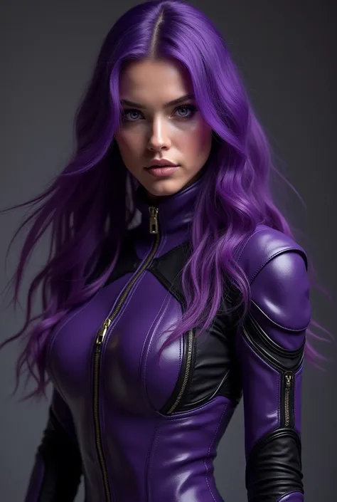  Long-haired woman, purple leather clothing  , purple eyes,   purple leather clothing with black,Ahori negro  ,   leather clothing  