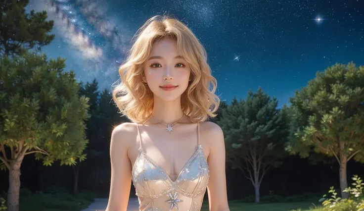 She stands confidently, her shimmering blonde curls reflecting the glow of twin suns, while crystalline trees bow in the cosmic breeze. Her sultry smile radiates a magnetic charm, making the stars above seem to twinkle just for her.