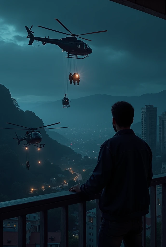  Person peeking out of a large balcony looking at night on his left side the mountain of Avila in Caracas Venezuela ,  and many helicopters were coming from behind the mountain of Avila in Caracas Venezuela ,  on the right the city of Caracas , In front of...