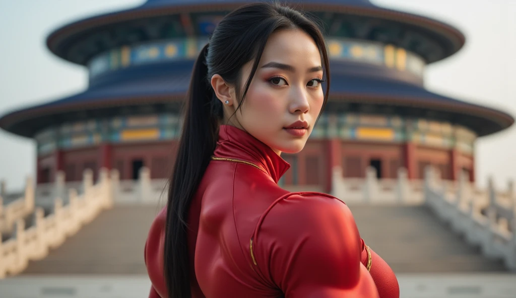 Mei Zhang ,  a 26-year-old Chinese woman ,  poses in front of the Temple of Heaven in Beijing at dawn .  Mei is a beautiful and muscular woman ,  with shiny and straight black hair ,  who wears a low ponytail ,  letting some locks fall gently around her fa...