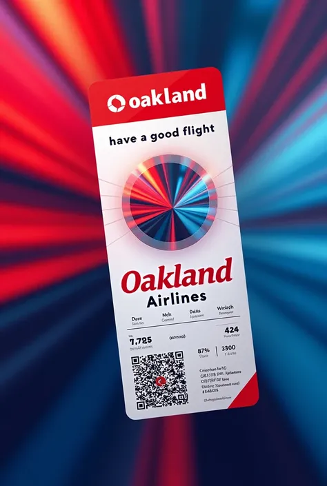 A plane ticket with a red and blue passage background with the company Oakland Airlines and the phrase "Have a good flight "  and space for a qr code 
