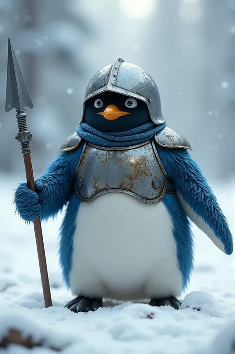 Un soldat manchot pingouin des plumes bleues et blanches un casque sur la tête en métal un plastron sur le torse il a une lance dans la main dans la neige