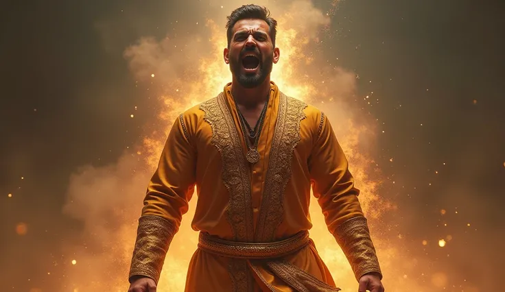 A tall, muscular man in his 40s with a proud expression, a trimmed beard, and piercing brown eyes. Outfit: Expensive embroidered kurta with a golden belt He screams as his body starts to change, becoming heavy and immobile