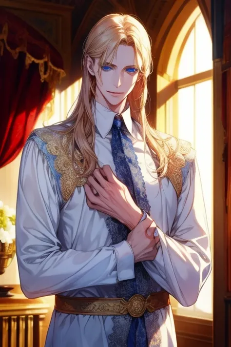 1 man, Realistic, master-piece, bestquality, Beautiful, detailed eyes and detailed faces.,natural light, Medieval Fantasy, European retro, White shirt, lace, Long dark golden hair, blue eyes, attractive, depressed, Decorative flowers, sunbeam