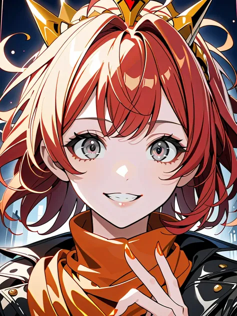 (masterpiece, ultra detailed, top quality), cel shading anime, solo girl, mid teens, evil grin, (shiny skin, beautiful fingers, pretty face, big gray eyes, red short hair, ahoge:1.4), (crown, orange scarf, leather jacket), fantasy town.