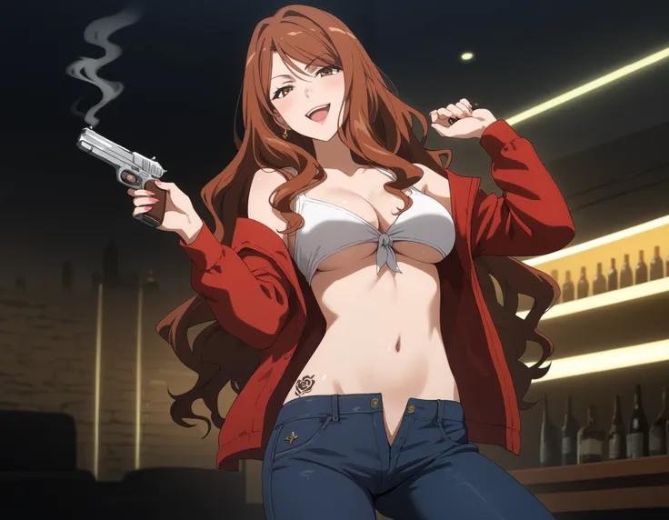 mugino shizuri, long hair, wavy hair, brown hair, brown eyes,  source_anime, medium breasts,  1girl, solo, ear piercing, long hair, blush, lipstick,Hot girl, baddie, smoking, sensual, attractive, large breasts,  , cityscape, , nightclub, , city lights,,bar...