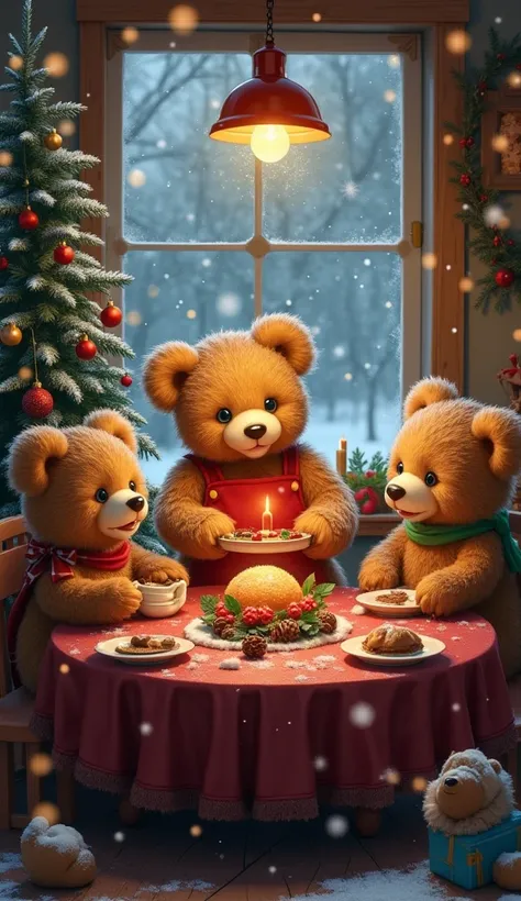 "An enchanting Christmas dinner scene inside a cozy little house, where the whole family of adorable teddy bears is gathered around a festive table, enjoying a hearty holiday meal. The mother bear, wearing a cute red apron, serves the food while the fluffy...