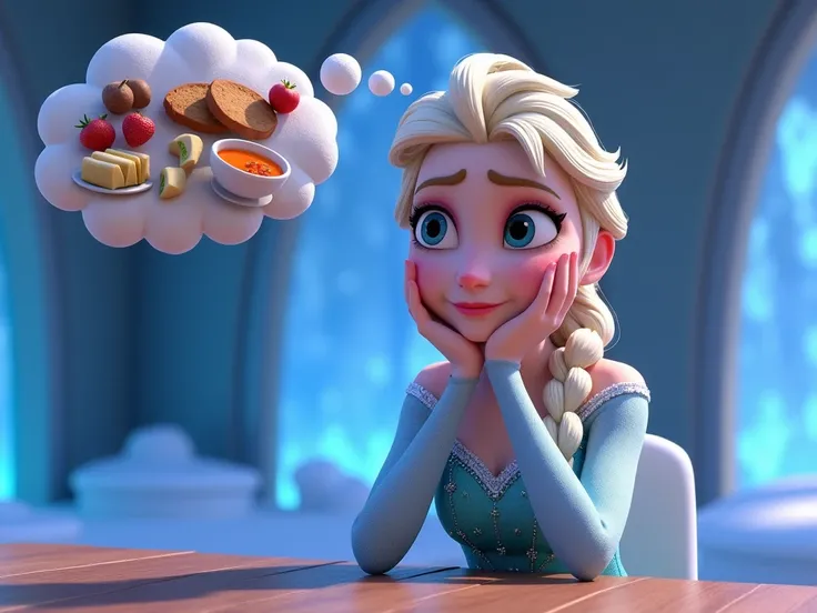 Create a detailed 3D image of Elsa from Frozen, looking visibly hungry and deep in thought. Elsa is sitting at a wooden table in an icy setting, her hands resting on her cheeks as she gazes upward. Above her head, a thought bubble is visible, showing an as...