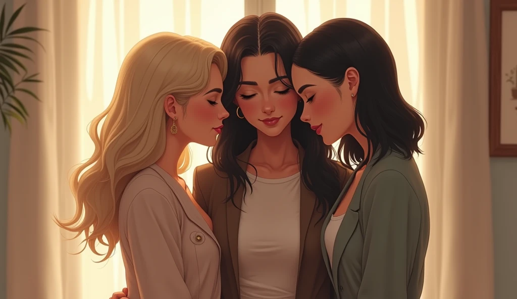 Here’s a detailed prompt for generating the image:  

"A heartwarming scene featuring three women resembling Taylor Swift, Kylie Jenner, and Kamala Harris. The first woman has blonde, wavy hair, a delicate face, and wears a stylish, light-colored dress. Th...