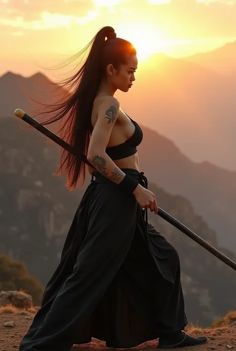 A hyper-realistic scene of a stunning, half-Asian, half-Caucasian mage training in the mountains, minimal clothing all black,  embodying the discipline and focus of the Shaolin style. She is holding a bo staff with grace and precision, performing powerful ...