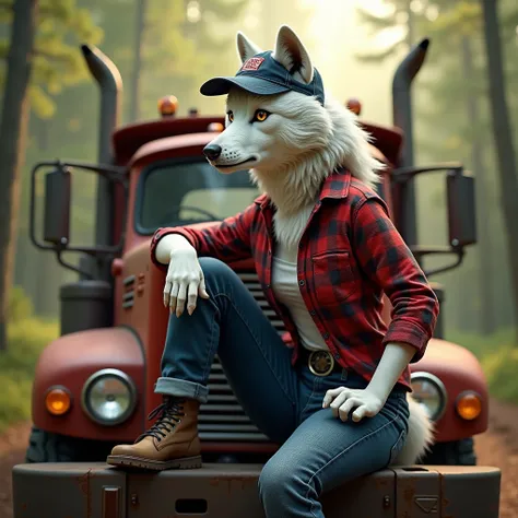 A furry female white wolf wearing boots, blue jeans, red plaid shirt, and a navy ble cap sitting on the hood of a 1968 mack dm600 logging truck in the forest on a hot summer day