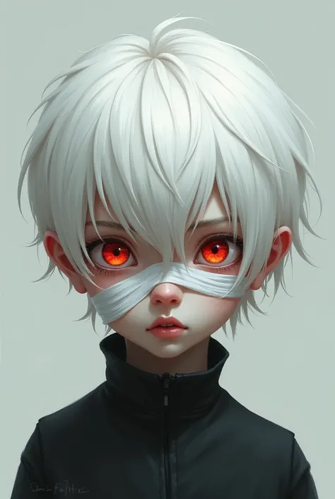 A boy with white hair red eyes and has a bandage over his right eye