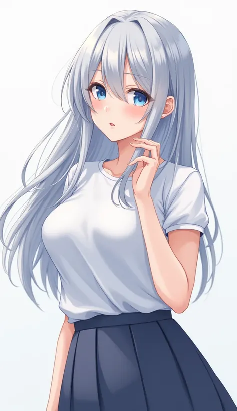 ( Best Quality ,  Masterpiece), 1 girl, chica de origen ruso y japones, beautiful girl, blue_eyes, ((hair color [Silver hair], [long] hair, liso)), Lips,  short sleeves , realistic ,  narrow waist, charming ,  Long eyelashes, light skin, (beautiful), (deta...