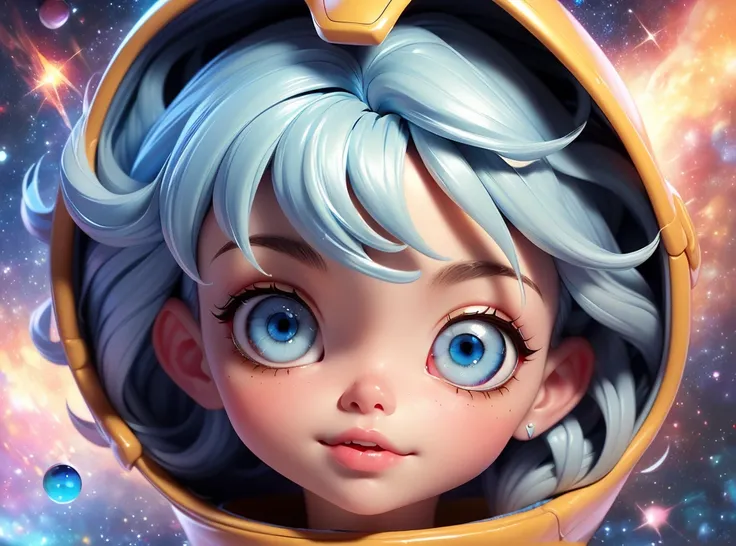 (Close-up of a better masterpiece:1.5)0.9], (Space and astronauts:1.2) (Messy silver hair:1.1) (Heterochromia xanthochromia and blue eyes:1.2) (Space Helmet:1.0) (Colored stars in the eyes:1.0) (A radiant glow:1.1) (thick lips:0.9)