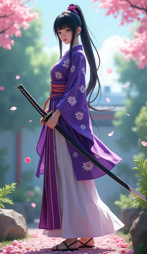 {
  "prompt": "A super realistic cosplay of Kanao Tsuyuri from Demon Slayer, showcasing her Flower Pillar uniform. She is wearing the standard Demon Slayer Corps uniform with a purple haori adorned with a floral pattern. Her long black hair is styled into ...