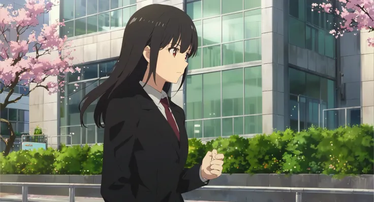 anime image of a woman in a suit and tie walking down a sidewalk, kyoto animation still, still from tv anime, todays featured anime still, iwakura lain, screenshot from the anime film, close up iwakura lain, anime film still, official studio anime still, n...