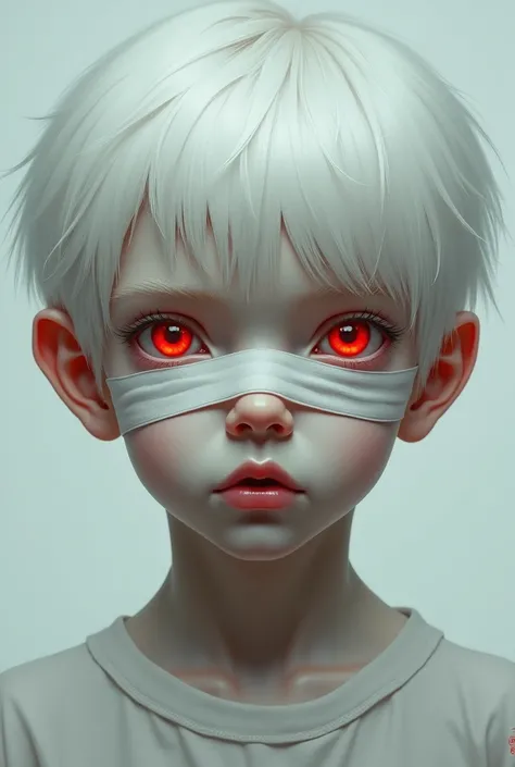 A boy with white hair red eyes and has a bandage over his right eye