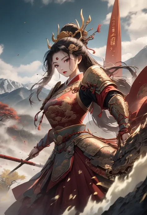 Chinese female warrior (riding a horse on the battlefield),wearing intricately designed armor inspired by the Tang Dynasty,her outfit features ornate gold and crimson plate armor, with detailed dragon motifs and cloud patterns etched into the metal, flowin...