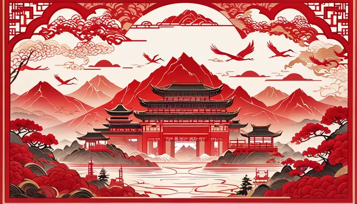 A detailed Chinese red paper cut art of traditional scenery featuring mountains, pagodas, and cranes in flight, intricate borders, 4K quality.