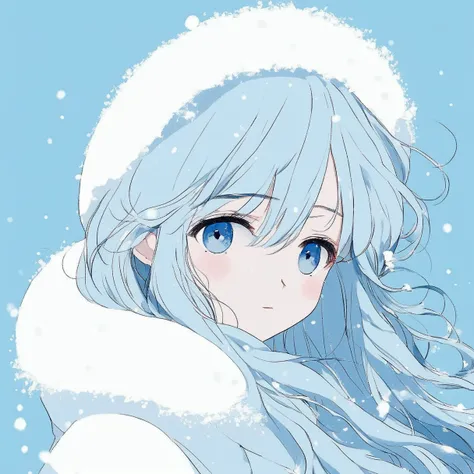 [ girl、 light blue hair、 long hair、Sparkling Hair]， blue and white background, (真っwhite風景), (white), (snow), ❄️, winter, (((Light blue background, Light Blue Wallpaper))),