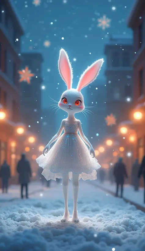 white bunny leg long with dress christmas and shine eye blue red in City the night ilumination in sky alone and shine spin