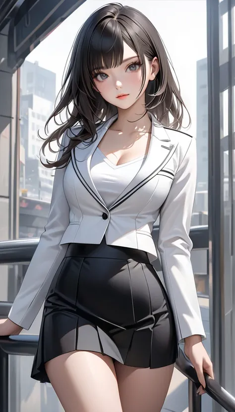 ultra-realism, 1woman, cowboy shot, very beautiful and young New Appearance, (sexy, cute, adult), asymmetrical bangs, white business suit jacket, u-neck blouse, black medium skirt, The jacket is closed at the front