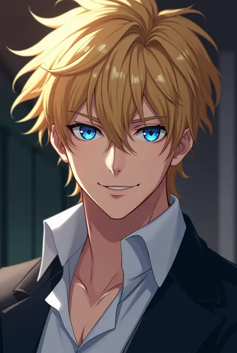 The blond-haired man, Sharp blue eyes, There is a suspicious smile, Handsome face, Anime characters