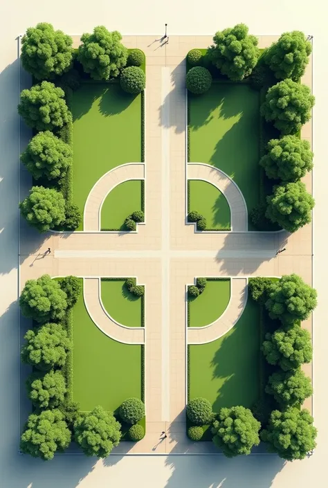 The plan of a park ,  that has 4 paths and that can be seen from above ,  showing areas with green color and lines that show that it is closed around, , besides that it has nothing, only the path , , the green areas, trees and shrubs . Make the design more...