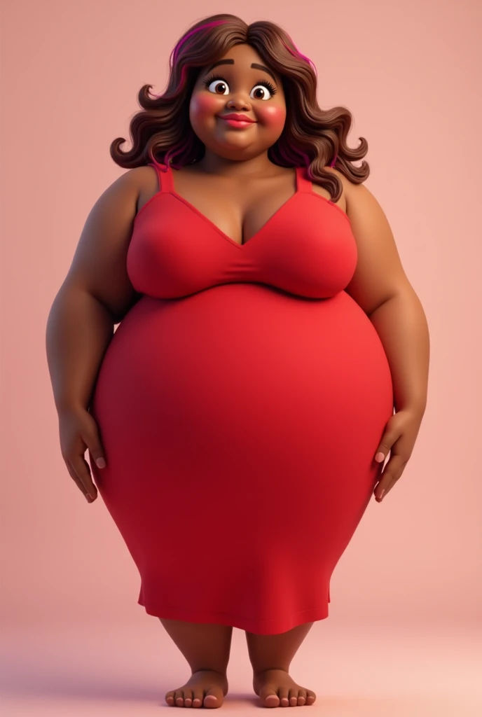 Light brown skinned woman , with medium long brown hair and pink locks,small eyes, big lips,chubby body,with a red dress, Animated version