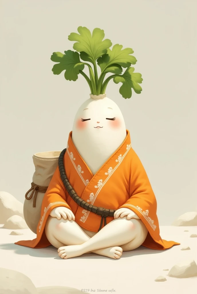 A daikon character like Hotei, sitting with crossed legs, wearing a bright orange crested coat and carrying a large bag