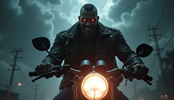 The gang leader’s eyes glow faintly red, with ominous storm clouds swirling in the background. His motorcycle’s headlights are unnaturally bright, illuminating his mocking smirk and the menacing snake emblem on his jacket.