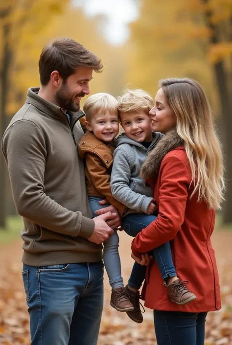 Crée moi une photo de famille vue de dos avec un homme cheveux chatain, une femme cheveux rouge court, un adolescent garçon cheveux brun, un adolescent garçon cheveux brun à la brosse, un adolescent garçon brun cheveux court et une petite fille cheveux lon...