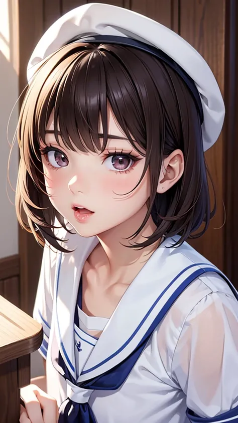 sexy sailor school uniform, very embarrassed, sexual climax, orgasm face , ecstasy,Very slim body, highest resolution, top quality,masterpiece,4K,8k,16k,Correct human body, detailed eyes on board, detailed face , very beautiful face , very cute face, prett...