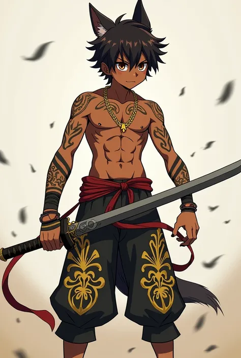  Anime-style  boy ，Full body skin color is brown ，Has wolf ears ， dark brown hair ，short hair， hairstyle with a little mess ， Dont wear anything on his head， all over the body with various lines tattoo ， wearing only one gold black interroom pants，Wearing ...