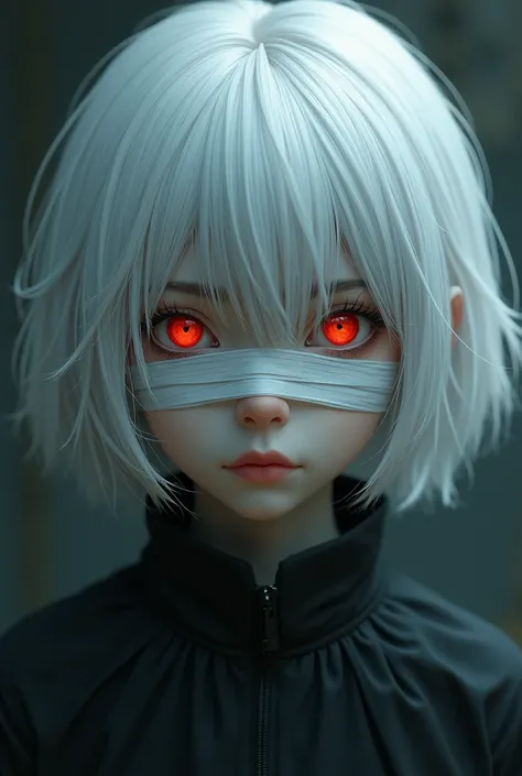 A boy with white hair red eyes and has a bandage over his right eye medium long hair