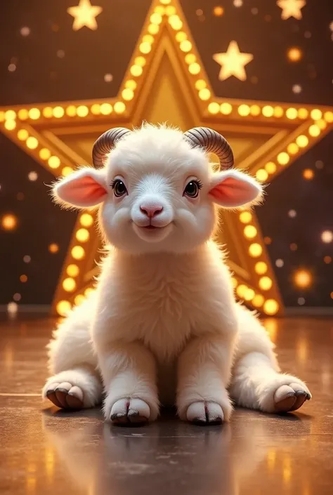 A fluffy white lamb sitting on the stage of Americas Got Talent, surrounded by the iconic golden star-lit backdrop. The lamb looks calm and cute, with soft wool and small curled horns. The stage is brightly lit, with sparkling lights adding a magical atmos...