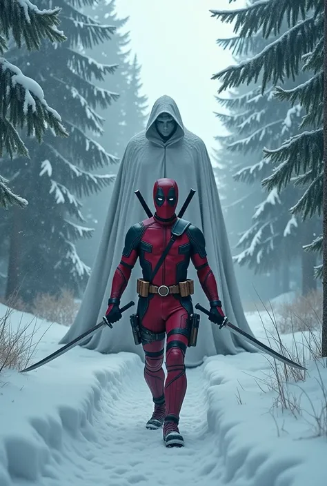 Create a panoramic photo of Deadpool holding two swords in his hands with the cool god standing 1 step forward in the snowy forest scene 