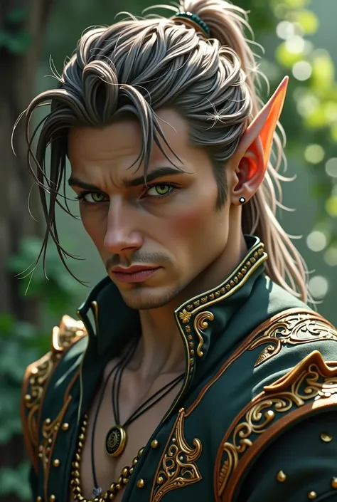 A handsome young man, muscular, deep green eyes, grey/brown hair, elf ears, Fanatsy clothes