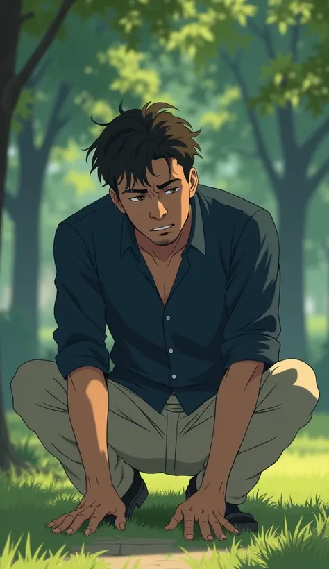  A man in his 30s was making a sad, disillusioned face with life, desperate, wearing a navy shirt, cream pants, sitting at the park, asking for a ghibli cartoon model.