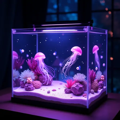 A glowing Purple fish tank with a mystical and magical underwater theme. The tank’s base is covered in soft sand with glowing crystals and anemones scattered around. Jellyfish and bioluminescent fish swim inside, leaving trails of light behind. The tank’s ...