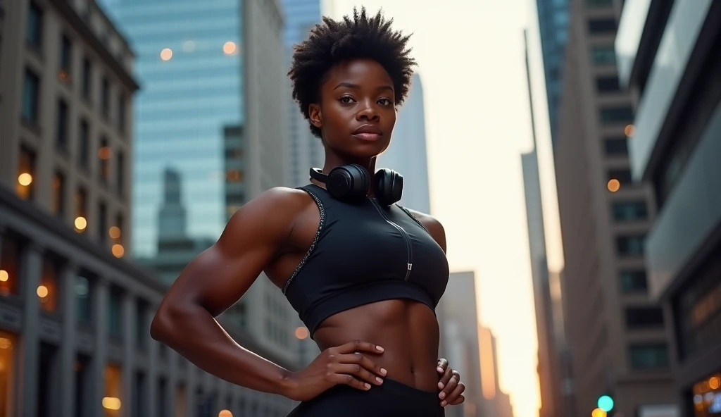 Nia Johnson ,  a 32-year-old African-American woman ,  posing in the center of Manhattan ,  with skyscrapers as a background under a soft sunset light .  Nia is an impressive woman ,  with a muscular and toned figure . Her hair is short,  curly and natural...