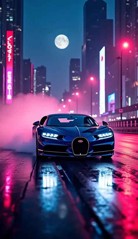 On a moonlit highway, the Bugatti Chiron Super Sport 300+ executes a precision drift, its sleek, aerodynamic silhouette reflecting the vibrant purple and crimson hues of futuristic neon streetlights. The hypercar’s sharp LED headlights blaze through the ni...