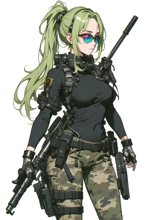 colorful sketch drawing, mature woman police officer ,  long hair tied light green with a shade of light blue,  pink eyes from sunglasses with blue lenses ,  of black tight sleeve blouse and camouflaged tight pants , bands bandages on the hands , With cybe...