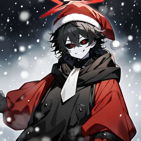 Anime male character, with a red halo on top of his head, long black messy hair, red sleeves, black top, black sclera, and red eyes, large black baggy pants, black boots, white tie on waist, and a large black scarf on his neck, and white pale skin, grinnin...