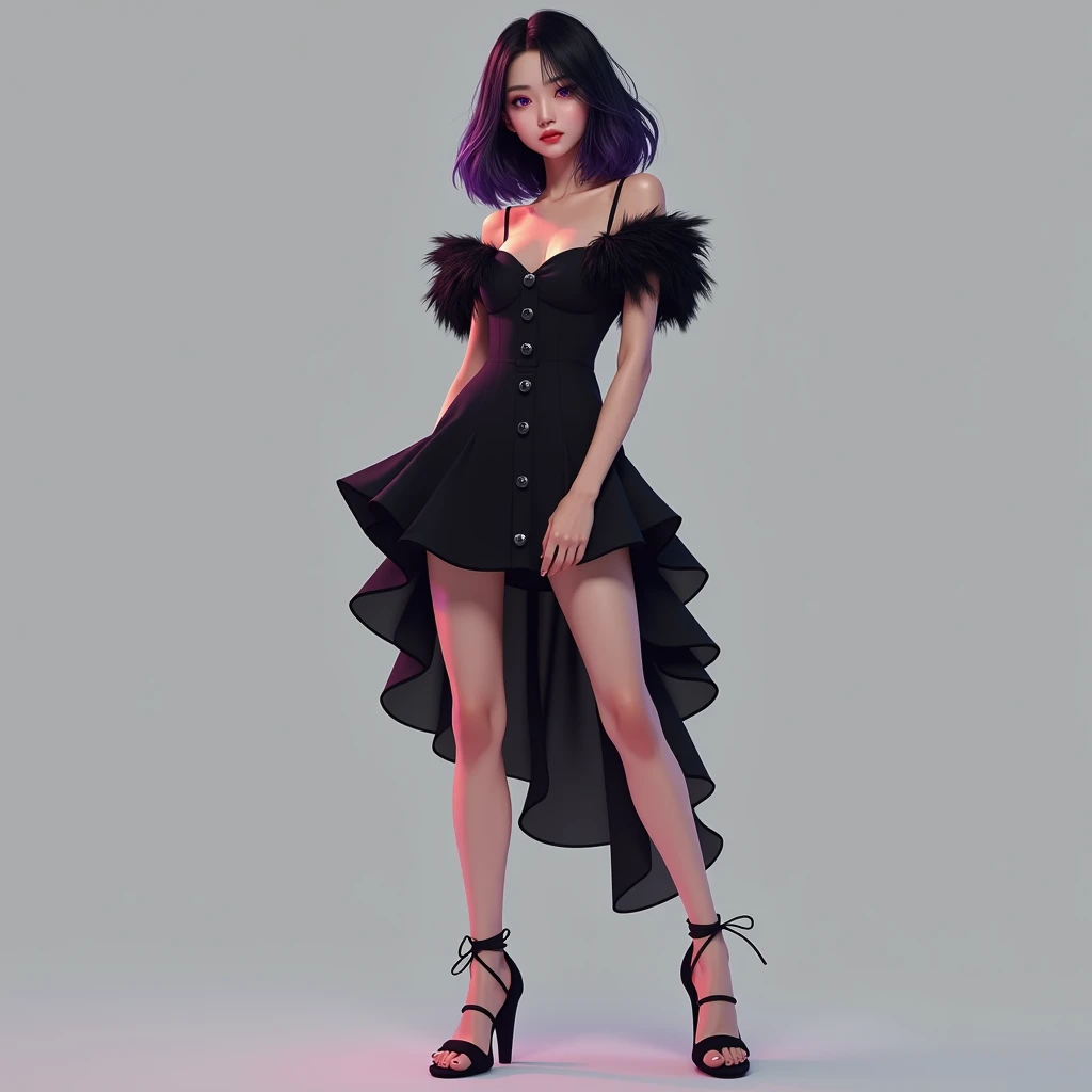 Korean girl with medium black hair with dark purple highlights and purple eyes wearing a short black dress with a black ruffle and on the sleeves she wears a black feather,  behind the little dress there is a big ruffle giving that iconic 2000s clubbing ef...