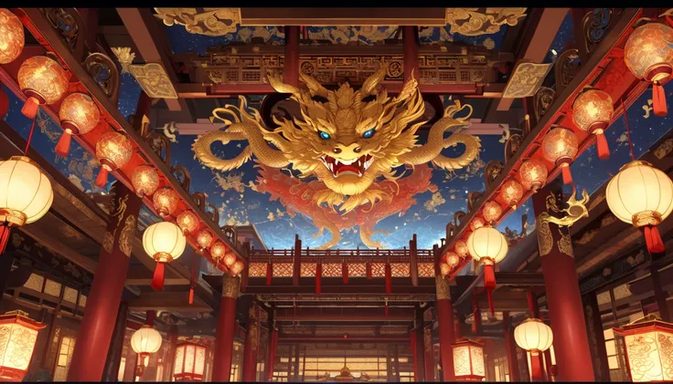 A luxurious Chinese-style ceiling with a golden dragon centerpiece, surrounded by intricate red and blue patterns, glowing lanterns hanging from wooden beams, 4K quality.