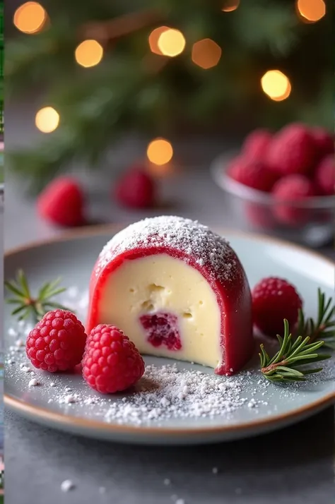 Raspberry cheese truffle,  food photography,  Christmas vibes, 32k, 