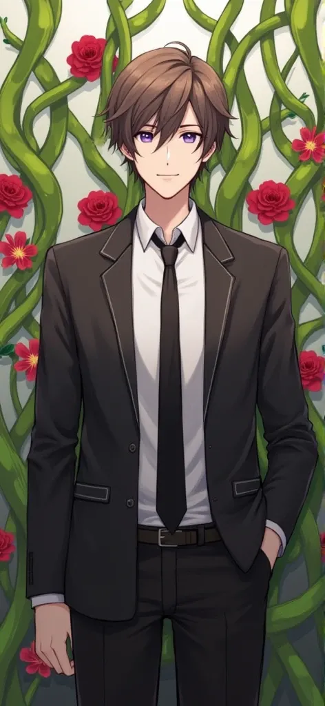  1 man、 male focus、 ties、Black ties、Alone、Brown Hair、formal、 purple eyes、suit、flower、 stares at viewers、Rose、blush、 shirt、Green tentacles、 Long Sleeve 、 jacket、 short hair、best、 upper body、Black jacket、、 hair between eyes、Red flower、 Closed Her Mouth 、 col...